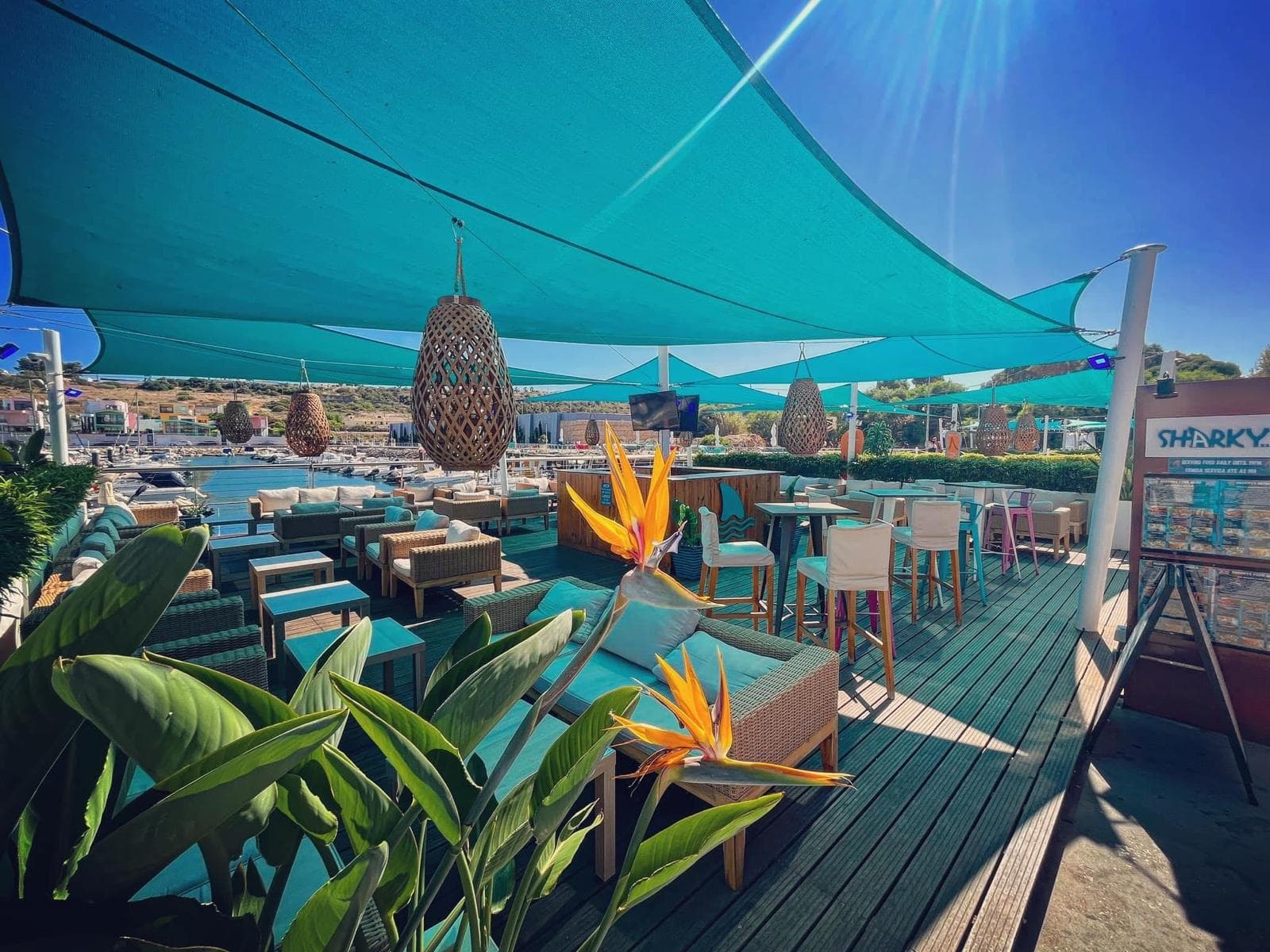 Sharky's Bar outdoor deck with marina view